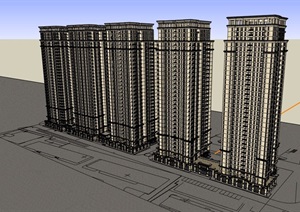 新古典详细的商业住宅高层建筑楼设计SU(草图大师)模型