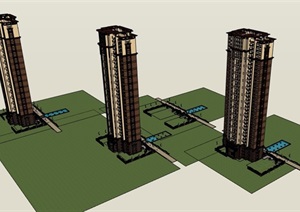 三栋详细的高层小区建筑楼设计SU(草图大师)模型