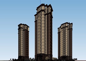 新古典风格三栋详细的高层住宅楼设计SU(草图大师)模型