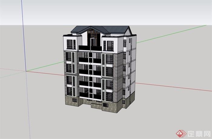 单体五层详细的居住小区楼su模型