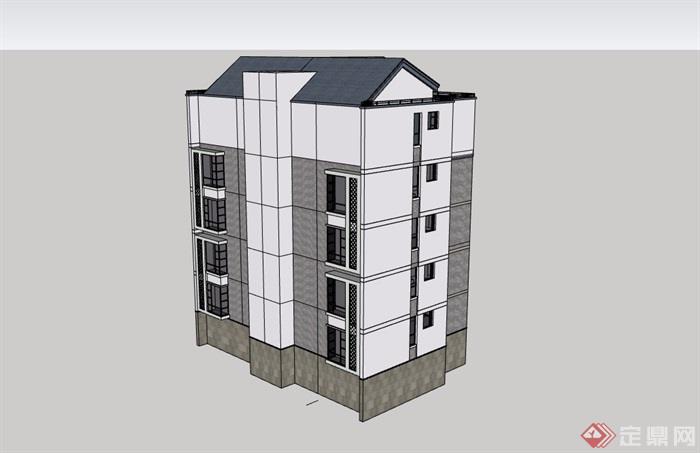 单体五层详细的居住小区楼su模型