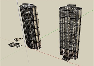 两栋不同的新古典高层住宅小区楼SU(草图大师)模型