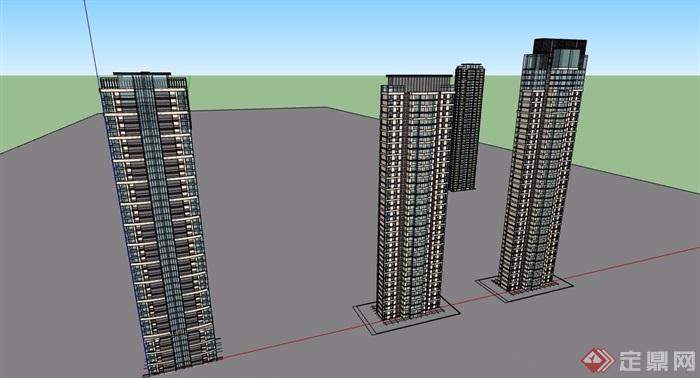 新古典风格四栋单体住宅高层建筑楼设计su模型