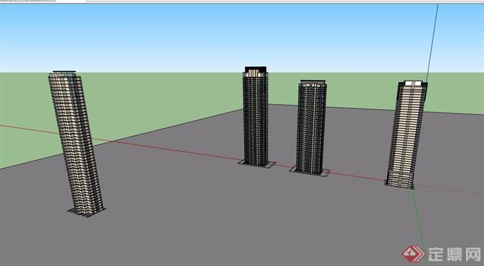 新古典风格四栋单体住宅高层建筑楼设计su模型