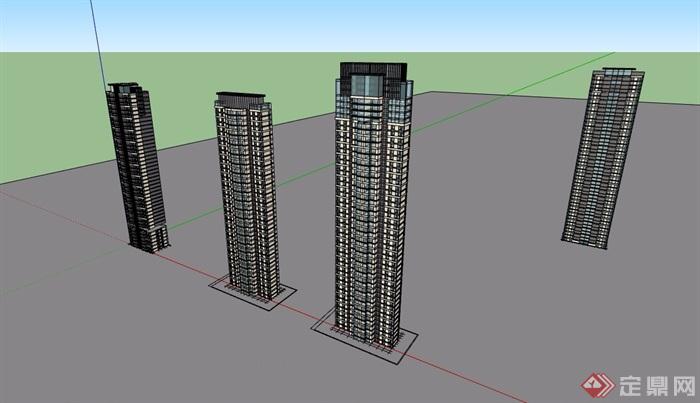 新古典风格四栋单体住宅高层建筑楼设计su模型