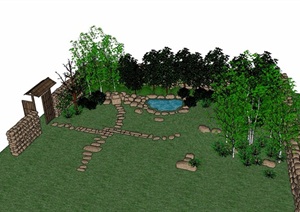 中式农村庭院花园模型
