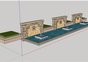 详细的喷泉水池景墙SU(草图大师)模型
