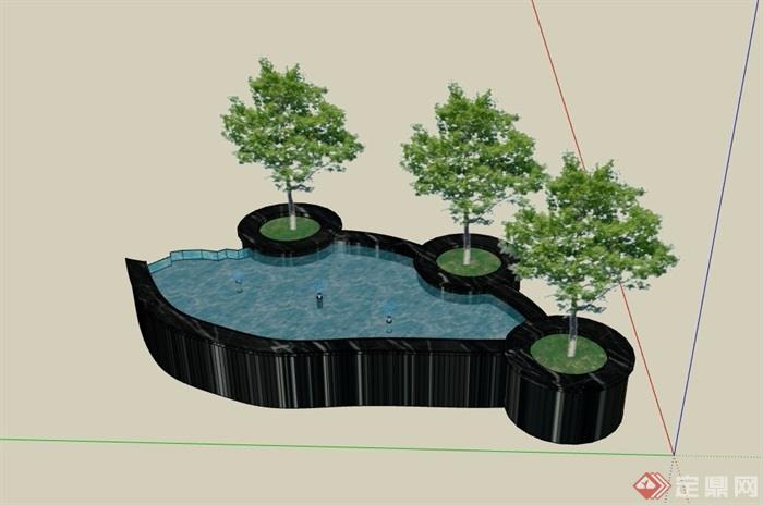 喷泉水池树池组合设计su模型