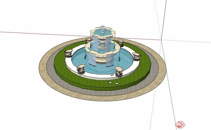 圆形详细的水钵水池设计su模型