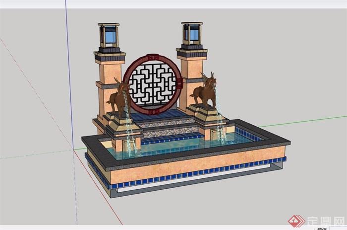 中式详细的喷泉水池水景设计su模型