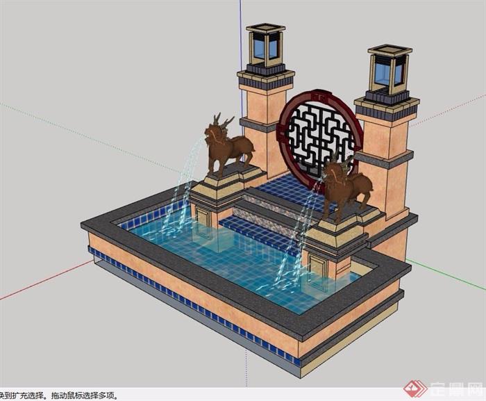 中式详细的喷泉水池水景设计su模型