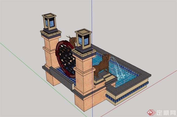 中式详细的喷泉水池水景设计su模型