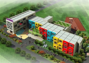 详细的多层幼儿园建筑设计SU(草图大师)模型及效果图