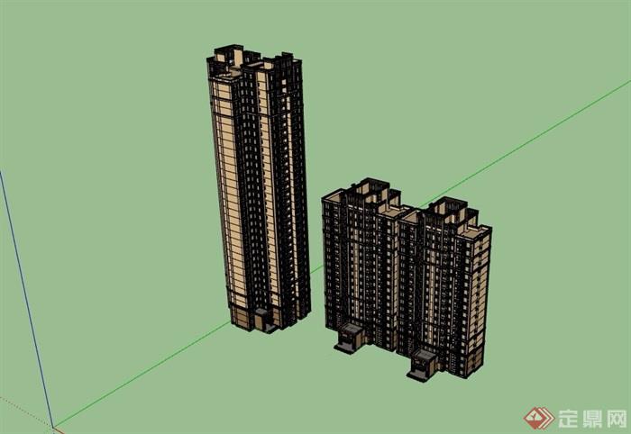 两栋高层新古典住宅楼su模型