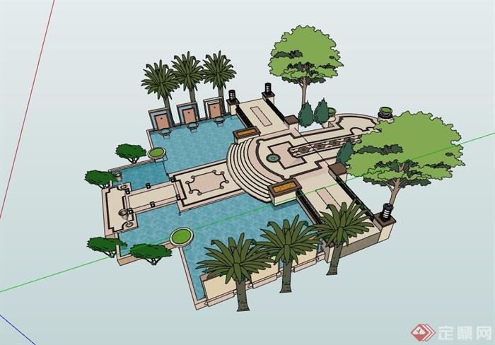 新古典详细完整的水池水景设计su模型