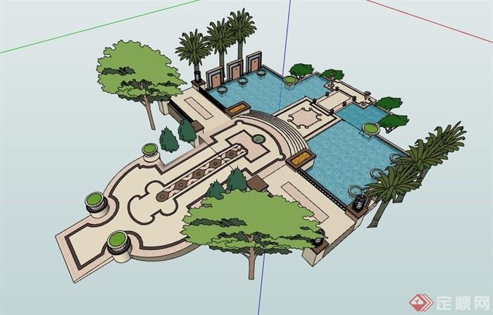 新古典详细完整的水池水景设计su模型