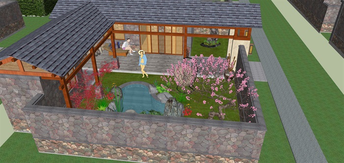 单层民居住宅建筑设计su模型及庭院设计