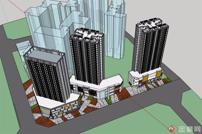 三栋商业住宅高层建筑su模型