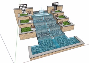 台阶式喷泉水池设计SU(草图大师)模型