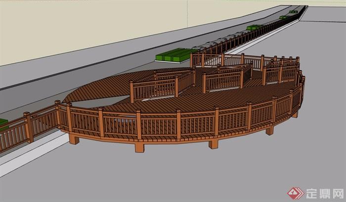 观景木栈道及栏杆素材设计su模型