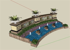 详细完整的喷泉水池水景SU(草图大师)模型