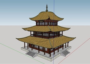 三层古典中式风格详细的塔阁楼设计SU(草图大师)模型