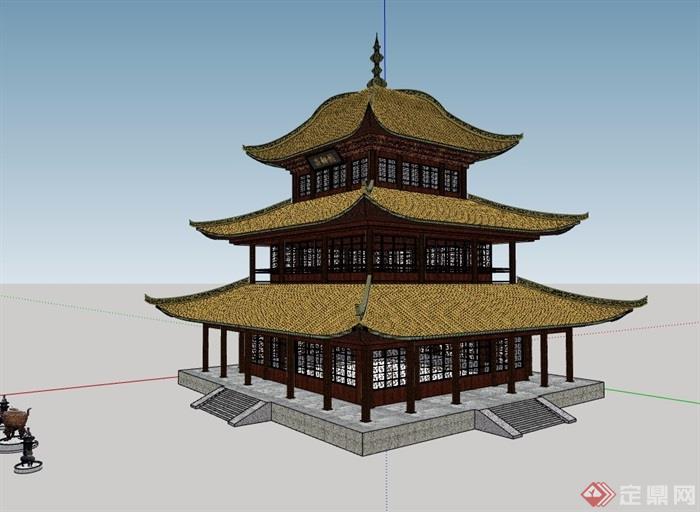 三层古典中式风格详细的塔阁楼设计su模型