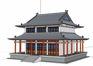 古典中式风格详细两层寺庙建筑SU(草图大师)模型