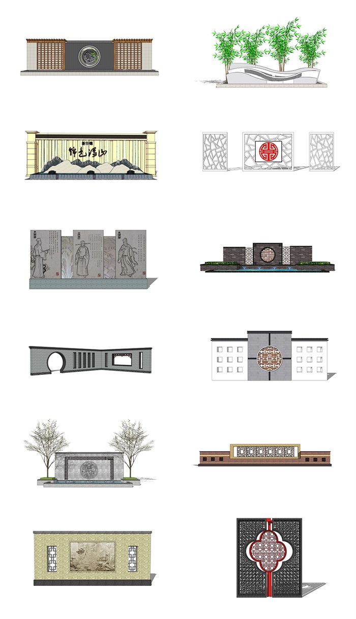 多款现代新中式景墙su模型(1)
