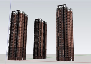 三栋单体高层住宅小区楼建筑设计SU(草图大师)模型