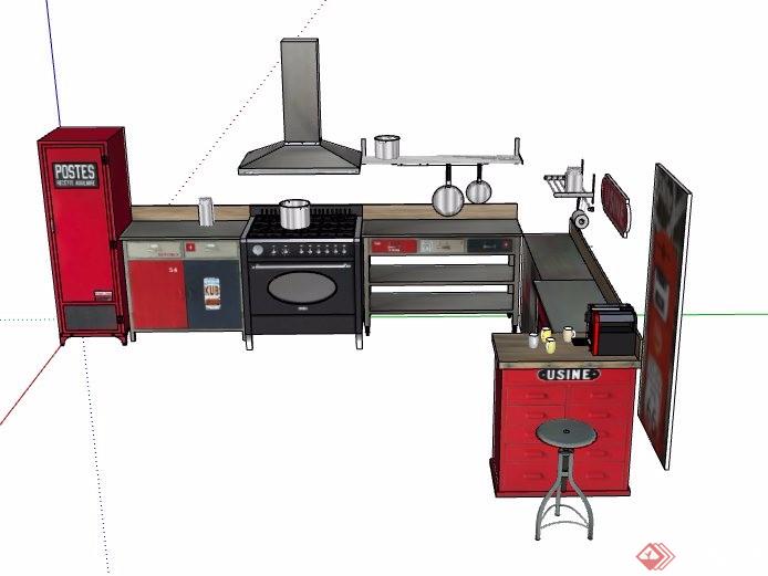 现代风格红色系厨房橱柜设计su模型