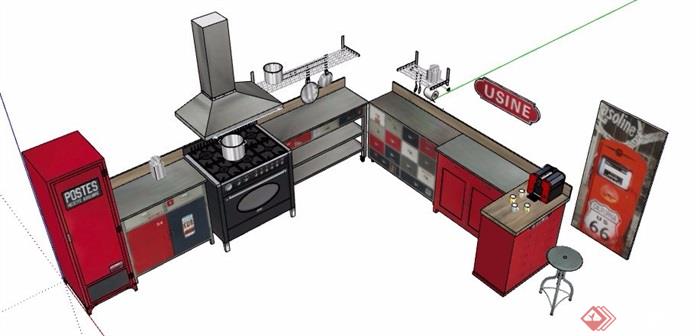 现代风格红色系厨房橱柜设计su模型