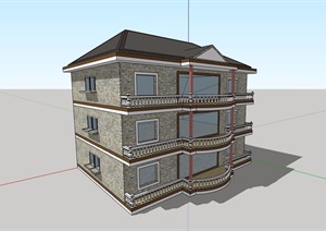 三层欧式风格农村自建房设计SU(草图大师)模型