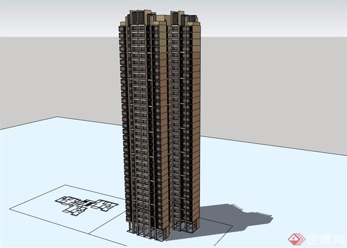 高层独特详细的居住建筑楼设计su模型
