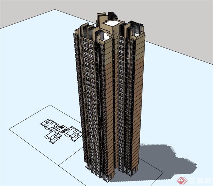 高层独特详细的居住建筑楼设计su模型