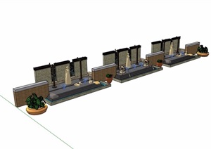 现代喷泉水池景墙设计SU(草图大师)模型