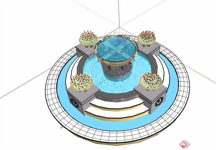 圆形详细完整的喷泉水池设计su模型