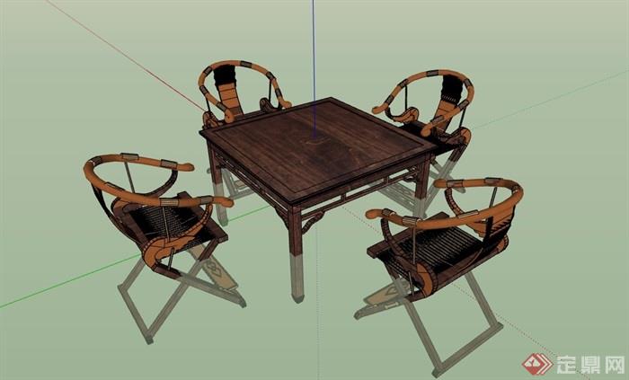 中式木质桌子椅子组合su模型