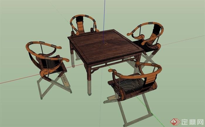 中式木质桌子椅子组合su模型