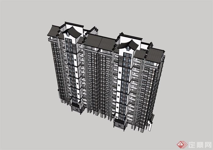 中式风格详细的高层住宅小区楼su模型