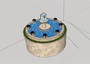 圆形欧式风格喷泉水池设计SU(草图大师)模型