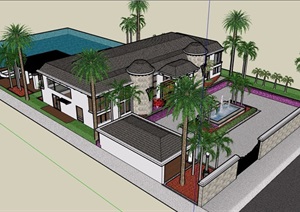 美式风格详细的私人别墅设计SU(草图大师)模型含庭院