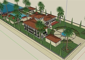 别墅详细多层建筑设计SU(草图大师)模型及庭院