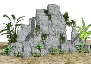 假山叠石芭蕉植物石头旅人蕉景观SU(草图大师)模型