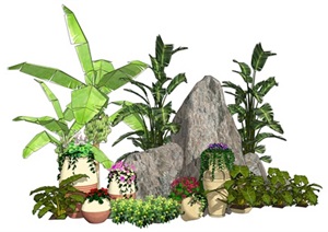 假山石头芭蕉植物花盆花钵SU(草图大师)模型