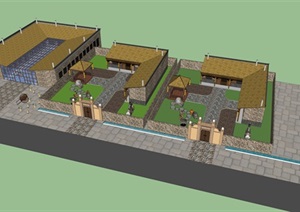民俗餐厅及庭院SU(草图大师)模型