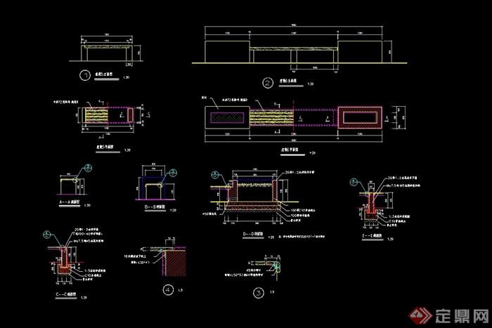 现代详细的园林景观坐凳设计cad施工图