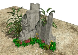 石头假山植物旅人蕉SU(草图大师)模型