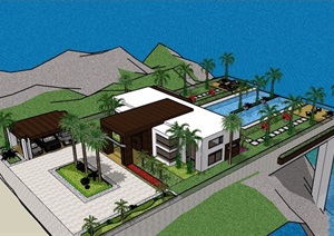 滨海别墅详细设计SU(草图大师)模型含庭院