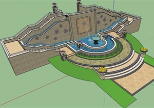 欧式风格园林景观喷泉水池景墙设计SU(草图大师)模型